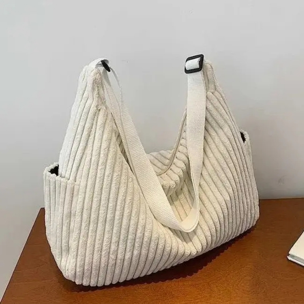Cream Ribbed Corduroy Shoulder Bag